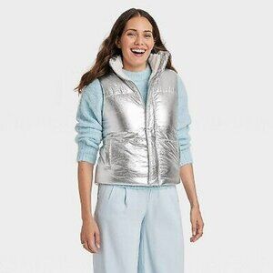 Women's Puffer Zip Up Vest Fur Sherpa Lined - Target Metallic Silver Gloss Shine